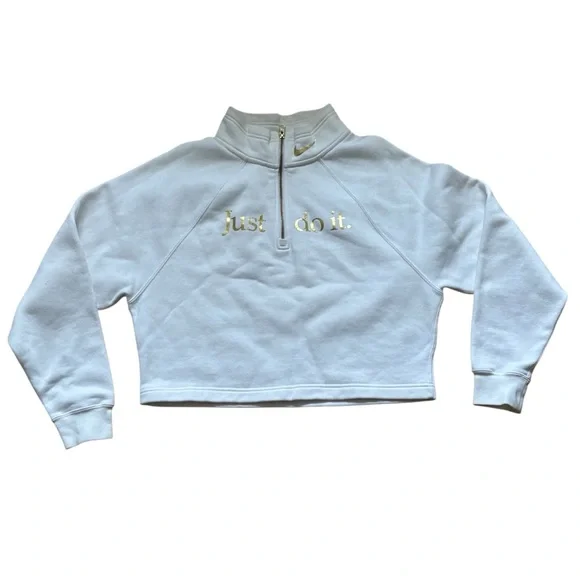 Nike Cropped Quarter Zip White Gold Just Do It Womens Size Medium Sweatshirt - Picture 2 of 6